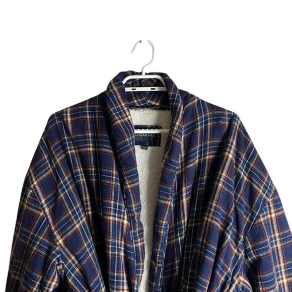 Logan Hill Unisex Blue Plaid Sherpa Lined Lounge Robe - Picture 2 of 9